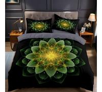Vert Et Jaune Housse de Couette 200x200 cm Motif de Mandala floralParure de Lit 3D Microfibre avec Fermeture Éclair 2 Taies d'oreiller pour Adultes, Adolescents et Enfants