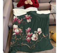 Vert Foncé Couverture Polaire Fleur de Magnolia Douce Duveteux Flanelle imprimée Confortable Plaid Polaire 200 x 220 cm pour Canapé, Lit, Enfants, Adolescents et Adultes
