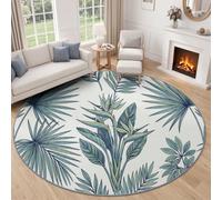 Vert Foncé Naturel Scandinave Tapis Salon 200 cm Rond Lavable en Machine | Tropicales Feuilles De Palmier Fleurs Oiseau De Paradis Tapis Chambre Descente de Lit, AntidéRapant Doux Poil Ras Moquette