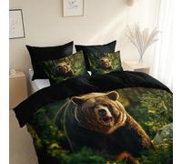 Vert Forêt Housse de Couette en Microfibre Ultra Douce 220 x 240 cm, Plantes Forestières Ours Noir En Colère Linge de Lit 2 Personnes, Housse imprimée + taie, Parure de Lit idéale pour Les Saisons