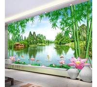 Vert Frais Alpin Lac Bambou Lotus Papier Peint 3D Soie Texturée Haut De Gamme Salon Canapé Chambre À Coucher Salle Manger Murale-200cm×140cm