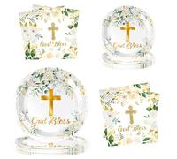 Vert God bless décoratif vaisselle set vert et or baptême thème papier plateau bébé douche première communion partie fournitures