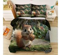 Vert Herbe Marron Chaud Forêt Animal Écureuil Gland Housse de Couette 240 x 260 cm, Housses de Couette Fantastique Microfibre Douce et Respirante avec Taie d'oreiller