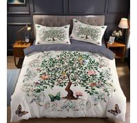 Vert Housse de Couette 160 x 200 cm Arbre à Fleurs Abstrait et Papillons Microfibre Imprimée Parure de Lit 2 Personnes avec Fermeture Éclair et 2 Taies d'oreiller 65x65 cm