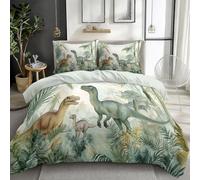 Vert Housse de Couette Enfant 200x200 cm Le Monde des Dinosaures dans Jungle Imprimé Parure de lit 2 Personnes 3 Pièces Confortable Doux Polycoton avec Fermeture Éclair Literie et 2 Taie d'oreiller