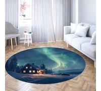 Vert Menthe et Bleu Glacier Rond Chambre à Coucher Tapis Grandes aurores boréales sur la Neige Cabine scène Chaude Ambre Lueur antidérapant Petits Tapis pour Le Salon 100cm