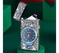 (Vert Militaire) Nouvelle Horloge En Métal, Briquet À Double Arc, Affichage Led, Rechargeable Par Usb, Portable, Sans Flamme, Lampe De Poche Pour Camping En Plein Air, Cadeaux Pour Hommes