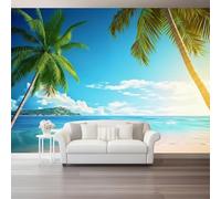 Vert Palmiers Papier Peint Intissé 250 x 175 cm Paysage Été Bleu Plage Papier Peint Panoramique Moderne, Mural Photo pour Salon, Chambre, Décor Fond TV