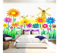 Vert Papier Peint 300x210 cm Marguerites et moulin à vent à l'aquarelle Panoramique 3D Poster Geant Mural Photo Muraux Pour Salon Chambre à Coucher Maison Décoration Intérieure Moderne