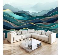 Vert Papier Peint 3D Panoramique Montagnes Abstraites, Lignes Dorées Tapisserie Mural Moderne Fresque, Poster Geant Mural, Pour Salon Chambre Fond Tv Style Déco 300 X 210 Cm
