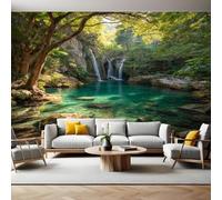 Vert Papier Peint Intissé 400 x 280 cm Paysage de cascade forestière Panoramique Image Photo Trompe l'oeil Murale Wallpaper Tapisserie pour Salon, Adulte Chambre d'enfants, Étude Décoration