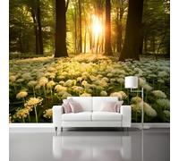 Vert Papier Peint Panoramique Autocollante, Forêt fleurs blanches soleil Photo Poster Mural pour Salon Chambre 400 x 280 cm Papier Peint Intissé Maison Décoration Intérieure