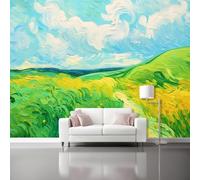 Vert Papier Peint Panoramique Autocollante, l'aquarelle Champs Paysage nuageux Photo Poster Mural pour Salon Chambre 300 x 210 cm Papier Peint Intissé Maison Décoration Intérieure