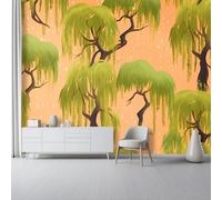 Vert Papier Peint Panoramique Intissé Décoration - Dessin Animé Plantes Saule Papier Peint Panoramique Moderne Pour Chambre Salon Chambre D'Enfants, 350 X 256 Cm