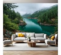 Vert Papier Peint Panoramique Paysage fluvial naturel 3D Trompe L'oeil Moderne Papier Peint 250 x 175 cm Grandes Murales Poster pour Salon, Adulte Chambre d'enfants, Étude Décor