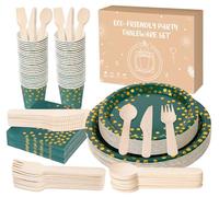 Vert Party Assiettes en Papier Set, Anstore Assiettes en Carton Vertes à Pois Dorés avec Fourchettes Couteaux Cuillères Serviettes Assiettes Gobelets, Assiettes de Fête Weihnachten pour 25 Invités