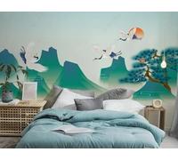 Vert Paysage Pins Oiseaux En Vol Décor Papier Peint 3D Installation Facile Intissé Tapisserie Bureau Salon Canapé Chambre Décoration Murale-400cm×280cm