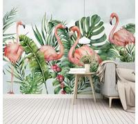 Vert Plantes Feuilles De Bananier Rose Flamant Rose Papier Peint 3D Installation Facile Intissé Tapisserie Bureau Salon Canapé Chambre Décoration Murale-400cm×280cm
