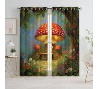 Vert Rideau Occultant Thermiques, Forêt De La Maison Champignon Fantaisie Double Rideau Isolant Anti-Bruit, Économie d'Énergie, Opaque Doux et Esthétiques pour Chambre et Salon, Lot de 2, 140 x 245 cm