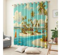 Vert Rideau Occultant Thermiques, Palmiers des Îles Tropicales Double Rideau Isolant Anti-Bruit, Économie d'Énergie, Opaque Doux et Esthétiques pour Chambre et Salon, Lot de 2, 140 x 245 cm