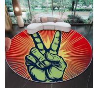 Vert Rouge Tapis Rond Salon 100 cm, Rétro Rock Lignes Gestes Imprimé Lavable Tapis de Sol Décoration Antidérapant pour Salon Chambre Cuisine Balcon Salle à Manger