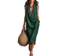 ,Vert,S,Robe Vintage Élégante à Col Bénitier pour Femmes, sans Manches, Drapée, Taille Large, Robe Longue, Robe d'Été Décontractée