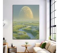 Vert sauge Toile Tableau Peinture à Lune Paysage Onirique Murale Art Fluvial, Affiches Moderne Chambre Salon Decoration à La Maison Tableaux, 30x40cm Sans Cadre