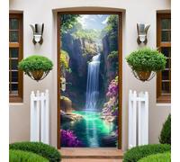 Vert Sticker Porte Cascade de la montagne de la forêt 83x204 cm Autocollant Mural 3D Trompe-l’Œil Auto-adhésif Papier Peint Porte Chambre Salle de Bain Décoration