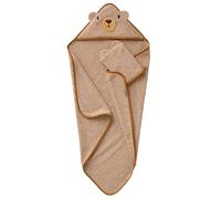 VERTBAUDET Cape de bain et gant de toilette PETIT OURS, avec coton recylé rayé beige 100X100