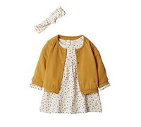 VERTBAUDET Ensemble bébé fille : robe, cardigan et bandeau à cheveux jaune moutarde + blanc laine fleuri 80