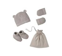 VERTBAUDET Ensemble bonnet, moufles et chaussons en coton bio et son pochon beige chiné 0/1M(50/54)
