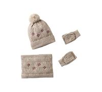 Ensemble brodé fille bonnet + snood + moufles/mitaines en maille ajourée beige doré 2/3A