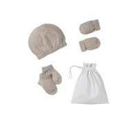 VERTBAUDET Ensemble naissance bonnet, moufles et chaussons et son pochon beige chiné 0/1M(50/54)