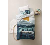 Parure housse de couette + taie d'oreiller enfant SUR LES RAILS vert 140X200 63X63