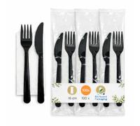 Vertdurée - 20 Kits Couverts 3 en 1 Noirs avec Serviette - Fourchette et Couteau 16 cm - Usage Restauration, Événements, Vente à Emporter Professionnelle (100)