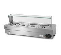 VERTES Bain Marie chauffe plat électrique Professionnel 1500W en INOX (INCL. 4X 1/2 GN Récipient avec Couvercle pour 10L, Robinet de Vidange, protection en Verre, Température 30 à 85°C)