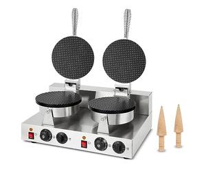 VERTES Gaufrier double, Appareil Cornets de Glace Professionnel, 48 Pièces/Heure, 2 Cônes de moulage, Réglable 0-300°C, Minuterie, Anti-Adhérent, Cornetterie en Fonte Boîtier inox, Waffle Maker 2000 W