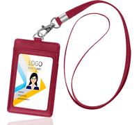 Vertical Pu Leather Id Badge Holder With 1 Clear Id Window, 1 Card Slot And 1 Neck Lanyard For Credit Card/Driver's License, Red