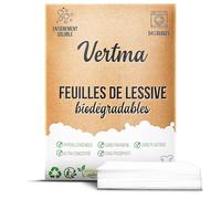 Vertma-Lessive en Feuille Biodégradable-64 Lavages-Lessive ecologique-100% Hydrosoluble-Lessive pour bebe-Hypoallergénique-Sans Plastique-Pour Blanc et Couleur-Lessive main voyage-Fraîcheur intense