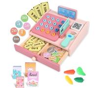 VERTOYCO Caisse en bois pour enfants avec scanner, panier de courses, articles de jeu, pièces de monnaie, carte de débit, caisse enregistreuse, jeu de rôle, cadeau pour enfants à partir de 3 ans