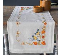 Vervaco Chemin de table Pack de broderie au point de croix "Mésanges avec fleur de lampion", image à broder pré-dessinée, 40x100cm