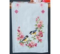 Vervaco De Point De Croix Compté Chemin De Table MÉSANGES ET FLEURS Broderie Kit Complet Adulte Loisir Créatif Maison Decoration Manuelle Table Cadeou DIY ca. 32 x 84 cmCross Stitch