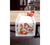 Vervaco De Point De Croix Compté Chemin De Table ROUGE-GORGE AVEC POMMES Broderie Kit Complet Adulte Loisir Créatif Maison Decoration Manuelle Table Cadeou DIY ca. 32 x 84 cmCross Stitch
