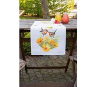 Vervaco De Point De Croix Compté Chemin De Table ROUGE-GORGE ET FLEURS Broderie Kit Complet Adulte Loisir Créatif Maison Decoration Manuelle Table Cadeou DIY ca. 32 x 84 cmCross Stitch