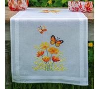 VERVACO Kit Broderie Pré-Imprimé Chemin De Table FLEURS ORANGE ET PAPILLONS Complet Set DIY Adulte Decoration Manuelle Loisir Créatif Cadeau Femme ca. 40 x 100 cm Embroidery Patron