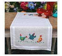 Vervaco Kit Broderie Pré-Imprimé Chemin De Table Poulets COLORÉS Complet Set DIY Adulte Decoration Manuelle Loisir Créatif Cadeau Femme ca. 40 x 100 cm Embroidery Patron, Coton, Multicolore