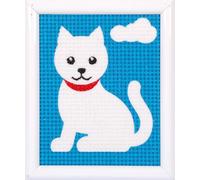 Vervaco Kit Creatif Enfant Point De Croix Kit Complet Motif Broderie A WHITE CAT Debutant Deco Activité Manuelle Enfant Cadeau DIY Kit Artiste Kids Crafts Cross Stitch ca. 12,5 x 16 cm