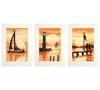 Vervaco Kit de Point de Croix compté, Cartes, Coucher de Soleil, Lot de 3, Blanc