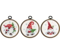 Vervaco Kit de point de croix "Gnomes de Noël dans la neige" 3 pièces avec cadre à broder, motif à compter, diam. 10cm