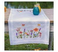 Vervaco Kit Point De Croix Pré-Imprimé Chemin De Table LAVANDE ET FLEURS DES CHAMPS Broderie Kit Complet Adulte Loisir Créatif Maison Decoration Manuelle Table Cadeou DIY ca. 40 x 100 cm